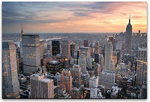 bestforhome 150x100cm Leinwandbild New York Manhattan Empire State Building bei Sonnenuntergang mit Wolken und Wolkenkratzern Leinwand auf Holzrahmen
