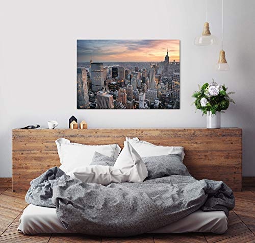bestforhome 150x100cm Leinwandbild New York Manhattan Empire State Building bei Sonnenuntergang mit Wolken und Wolkenkratzern Leinwand auf Holzrahmen