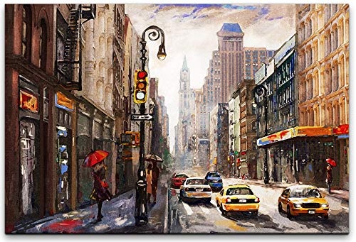 bestforhome 180x120cm Leinwandbild gemalt New York mit Yellow Taxi Cab Leinwand auf Holzrahmen