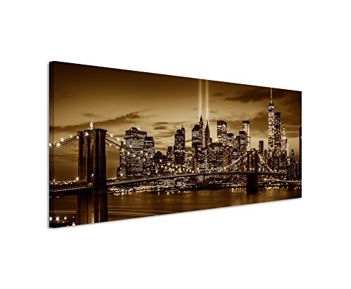 150x50cm Wandbild Panorama Fotoleinwand Bild in Sepia New York Brooklyn Bridge Manhattan River Hudson Boot