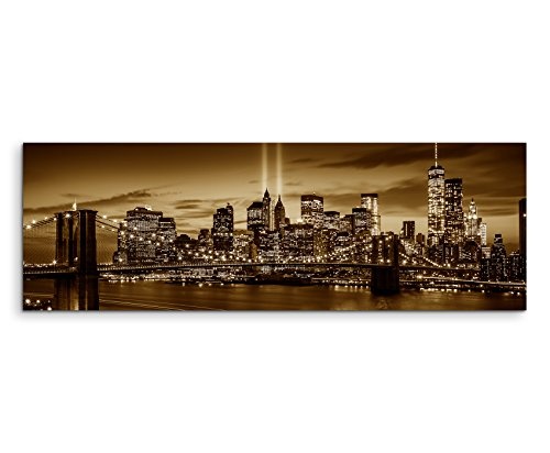150x50cm Wandbild Panorama Fotoleinwand Bild in Sepia New York Brooklyn Bridge Manhattan River Hudson Boot