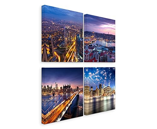 4 Bilder je 30x30cm Leinwandbilder Wasserfest Leinwanddruck New York Brooklyn Bridge Skyline