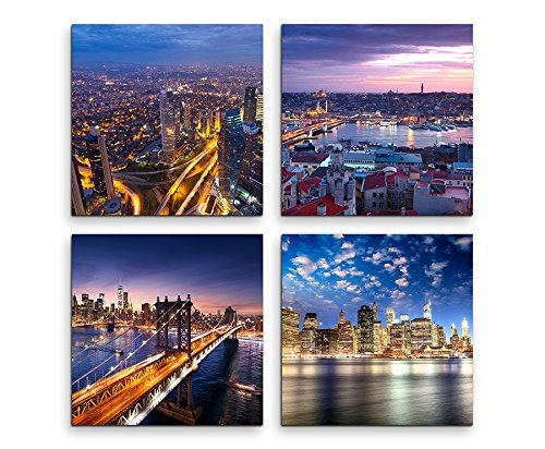 4 Bilder je 30x30cm Leinwandbilder Wasserfest Leinwanddruck New York Brooklyn Bridge Skyline