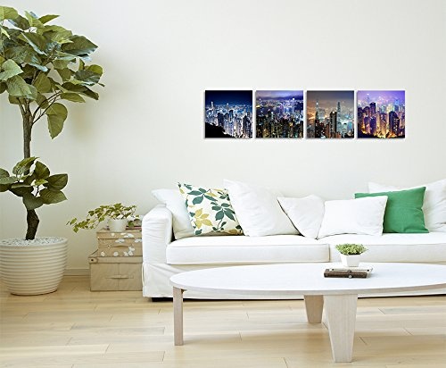 4 Bilder je 30x30cm Leinwandbilder Wasserfest Leinwanddruck New York Wolkenkratzer Nacht