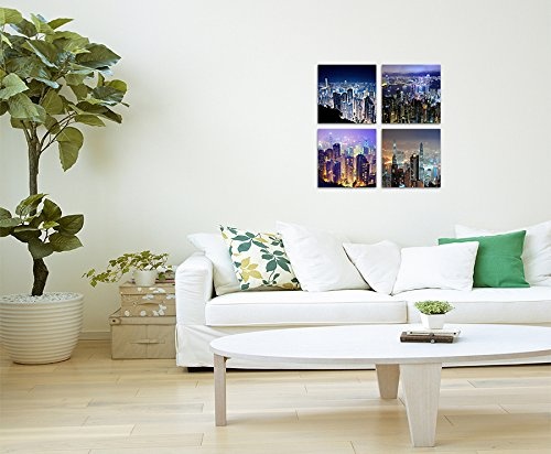 4 Bilder je 30x30cm Leinwandbilder Wasserfest Leinwanddruck New York Wolkenkratzer Nacht