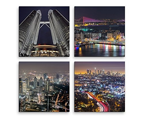 4 Bilder je 30x30cm Leinwandbilder Wasserfest Leinwanddruck New York Wolkenkratzer Zwillingstürme Nacht