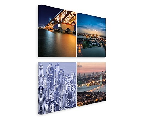 4 Bilder je 30x30cm Leinwandbilder Wasserfest Leinwanddruck New York Skyline Amerika Nacht