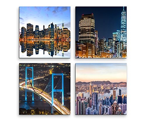 4 Bilder je 30x30cm Leinwandbilder Wasserfest Leinwanddruck New York Nacht Wolkenkratzer Amerika