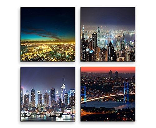 4 Bilder je 30x30cm Leinwandbilder Wasserfest Leinwanddruck New York Brooklyn Bridge Skyline Nacht