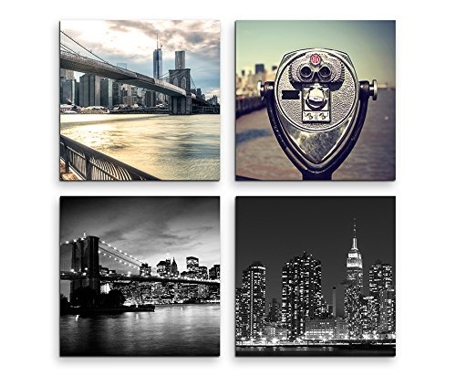 4 Bilder je 30x30cm Leinwandbilder Wasserfest Leinwanddruck New York Fernglas Skyline Brooklyn Bridge