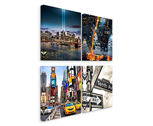 4 Bilder je 30x30cm Leinwandbilder Wasserfest Leinwanddruck New York Straßen Verkehr Autos