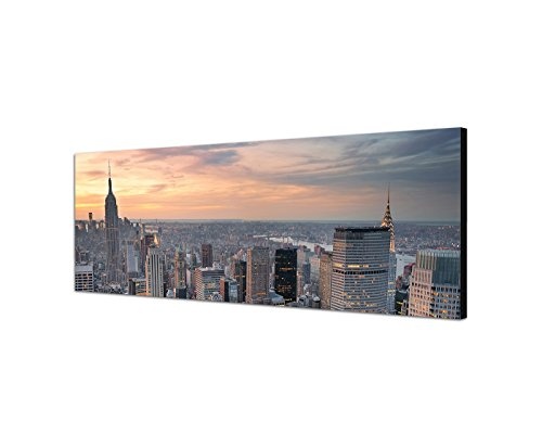 Wandbild auf Leinwand als Panorama in 120x40 cm New York Manhattan mit East River bei Sonnenuntergang und Chrysler Building