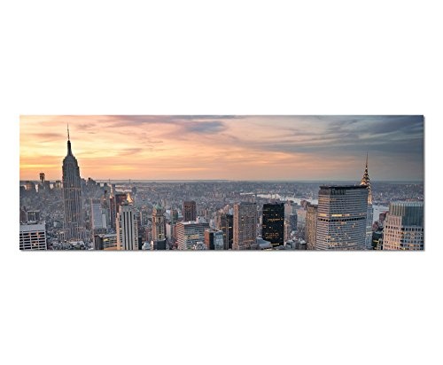 Wandbild auf Leinwand als Panorama in 120x40 cm New York Manhattan mit East River bei Sonnenuntergang und Chrysler Building