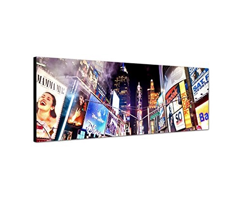 Wandbild auf Leinwand als Panorama in 120x40cm New York Broadway Leuchtreklamen