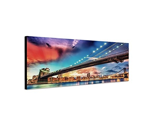 Wandbild auf Leinwand als Panorama in 120x40cm New York Manhattan Skyline Brücke Abendlicht