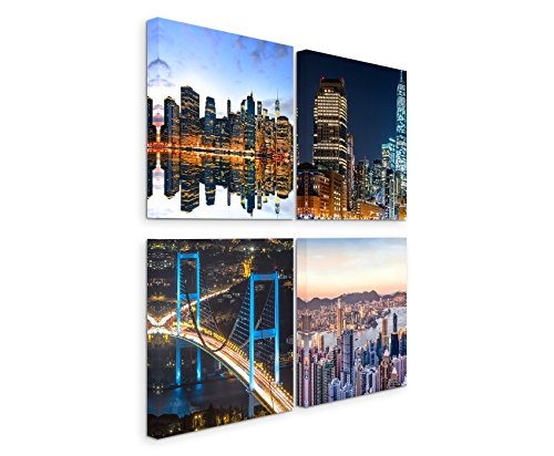 4 teiliges Leinwandbild je 20x20cm - New York Nacht Wolkenkratzer Amerika