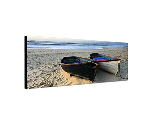 Wandbild auf Leinwand als Panorama in 120x40cm Meer Strand Sand Fischerboote