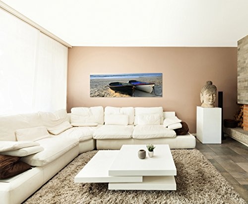 Wandbild auf Leinwand als Panorama in 120x40cm Meer Strand Sand Fischerboote