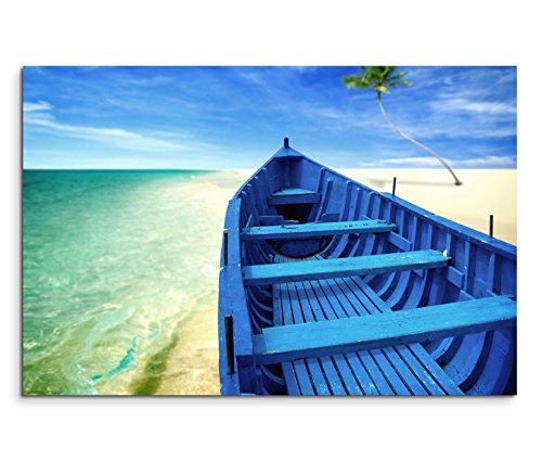 Modernes Bild 90x60cm Künstlerische Fotografie - Blaues Boot am Traumstrand