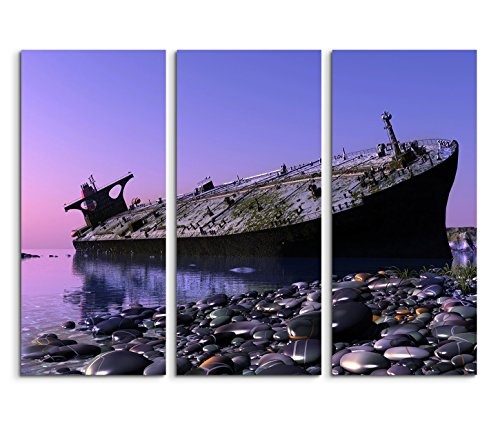 Modernes Bild 3 teilig je 40x90cm Künstlerische Fotografie - Einsamer Tanker am Steinstrand