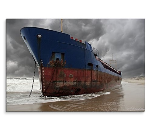 Modernes Bild 120x80cm Künstlerische Fotografie - Mächtiges Frachtschiff am Strand