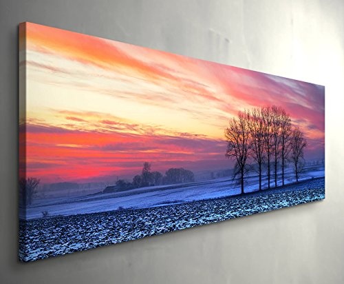 Panoramabild auf Leinwand in 150x50cm Landschaftsfotografie - idyllischer Sonnenuntergang über den Feldern