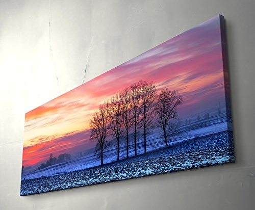 Panoramabild auf Leinwand in 150x50cm Landschaftsfotografie - idyllischer Sonnenuntergang über den Feldern