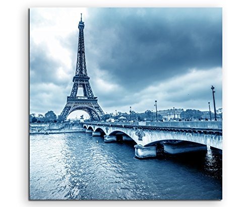 60x60cm Wandbild Fotoleinwand Bild in Blau Eiffelturm Winter Regen Paris