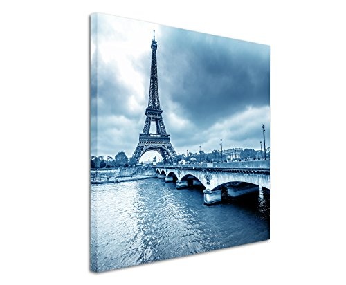 60x60cm Wandbild Fotoleinwand Bild in Blau Eiffelturm Winter Regen Paris