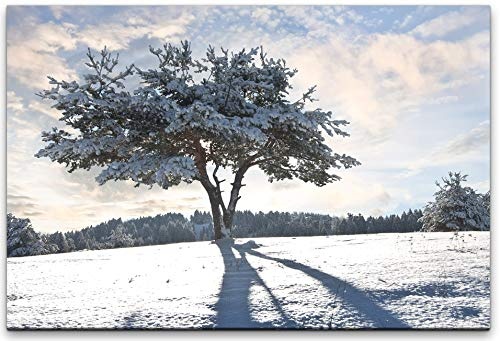 bestforhome 150x100cm Leinwandbild Baum schneebedeckt in weißer Winterlandschaft Leinwand auf Holzrahmen