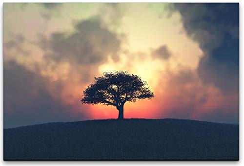 bestforhome 150x100cm Leinwandbild einzelner Baum bei Sonnenuntergang Leinwand auf Holzrahmen