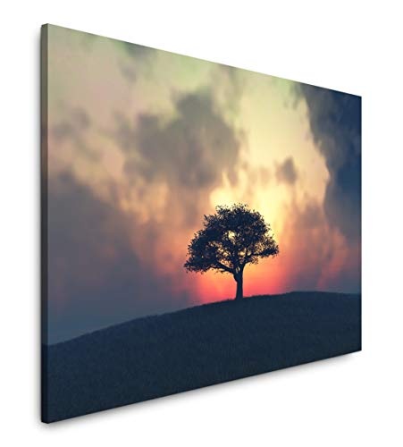 bestforhome 150x100cm Leinwandbild einzelner Baum bei Sonnenuntergang Leinwand auf Holzrahmen