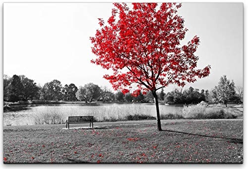 bestforhome 150x100cm Leinwandbild rote Blätter am Baum schwarz weiß Leinwand auf Holzrahmen