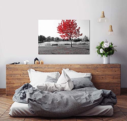 bestforhome 150x100cm Leinwandbild rote Blätter am Baum schwarz weiß Leinwand auf Holzrahmen