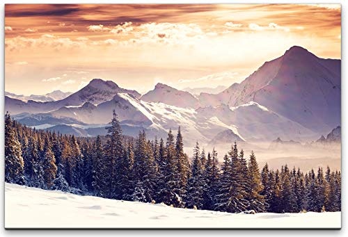 bestforhome 150x100cm Leinwandbild Winter in den Bergem mit schneebedeckten Bäumen und Gipfeln Leinwand auf Holzrahmen