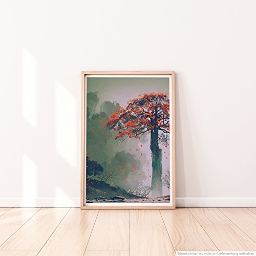 Best for home Artprints - Bild - Einsamer Baum mit roten Blättern- Fotodruck in gestochen scharfer Qualität