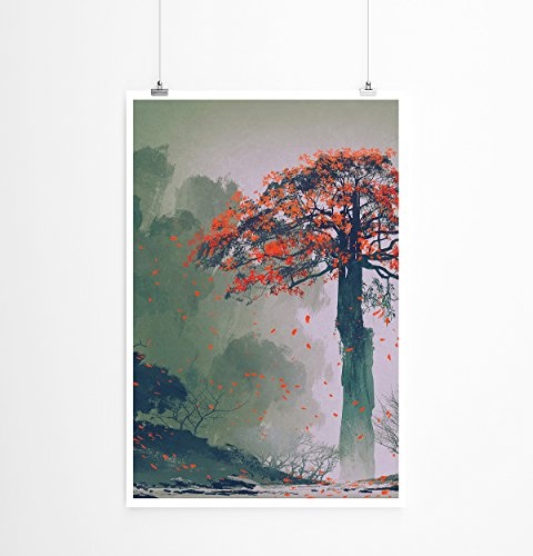 Best for home Artprints - Bild - Einsamer Baum mit roten Blättern- Fotodruck in gestochen scharfer Qualität