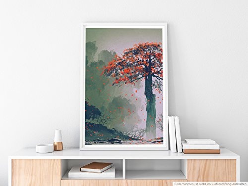 Best for home Artprints - Bild - Einsamer Baum mit roten Blättern- Fotodruck in gestochen scharfer Qualität