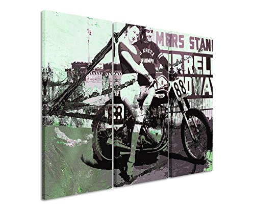 130x90cm 3teiliges Leinwandbild Fotoleinwand Motorrad Frau schwarz grün