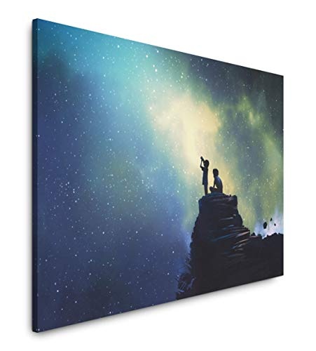 bestforhome 150x100cm Leinwandbild Zwei Kinder beobachten den Sternenhimmel von einem Fels Leinwand auf Holzrahmen