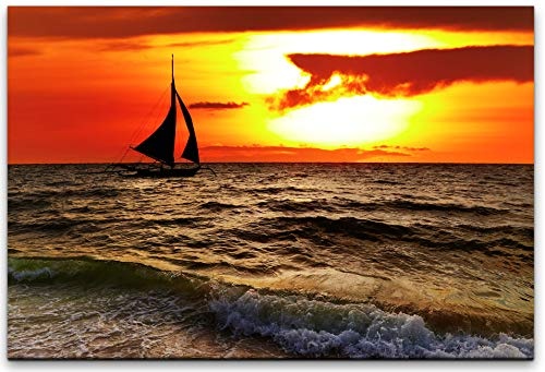 bestforhome 150x100cm Leinwandbild kleines Segelboot auf dem Meer beo Sonnenuntergang Leinwand auf Holzrahmen