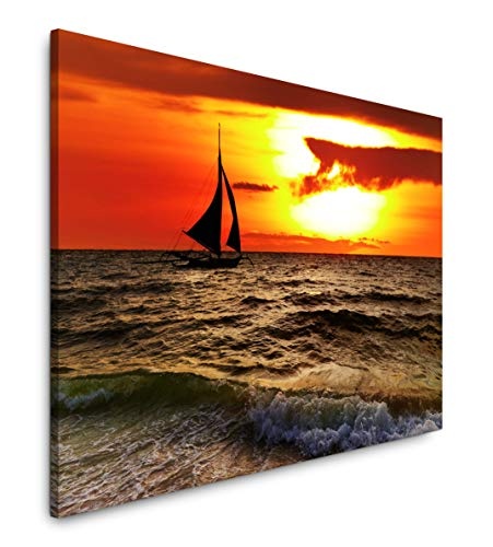 bestforhome 150x100cm Leinwandbild kleines Segelboot auf dem Meer beo Sonnenuntergang Leinwand auf Holzrahmen