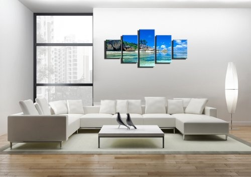 Strand auf den Seychellen 5teiliger Kunstdruck 160x80 cm Moderne Dekoration zum kleinen Preis! Made in Germany