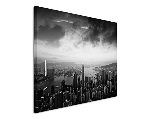 50x70cm Wandbild Fotoleinwand Bild in Schwarz Weiss Hong Kong Skyline bei Nacht I