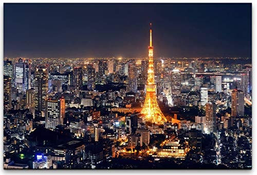 bestforhome 60x40cm Leinwandbild Tokio City bei Nacht Leinwand auf Holzrahmen