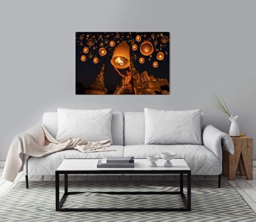 bestforhome 150x100cm Leinwandbild Himmelslaternen bei Nacht Leinwand auf Holzrahmen