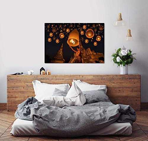 bestforhome 150x100cm Leinwandbild Himmelslaternen bei Nacht Leinwand auf Holzrahmen