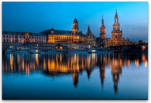 bestforhome 150x100cm Leinwandbild Dresden an der Elbe bei Nacht Leinwand auf Holzrahmen
