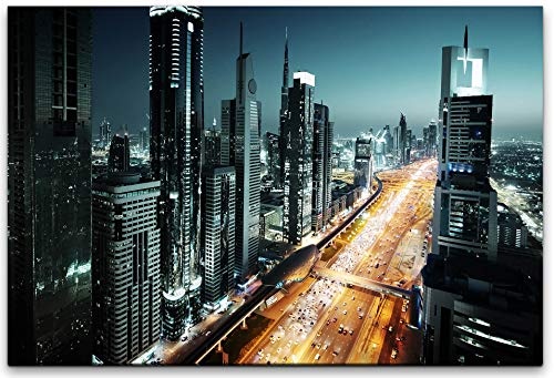 bestforhome 180x120cm Leinwandbild Dubai mit Wolkenkratzern bei Nacht Leinwand auf Holzrahmen