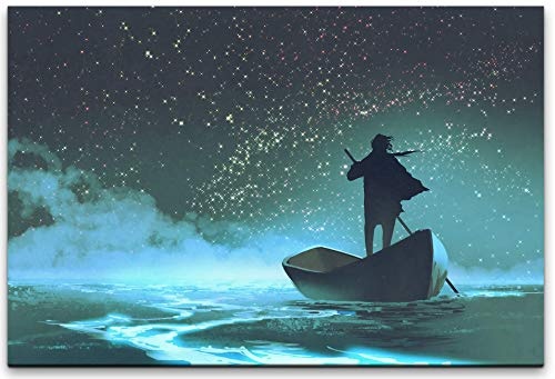 bestforhome 150x100cm Leinwandbild Mystic Fischer auf Fischerboot bei Nacht unter Sternenhimmel Leinwand auf Holzrahmen